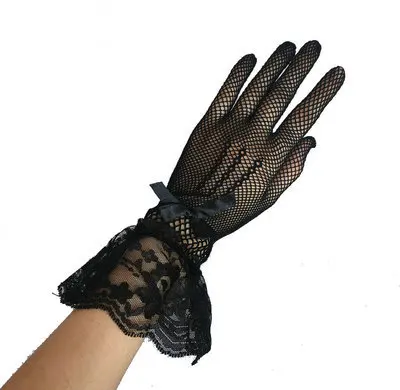 Fashion Elegant Ladies Short Lace Gloves Sheer Fishn Net Black White Prom Party Gloves Female's Fashionable Soild Color Mittens