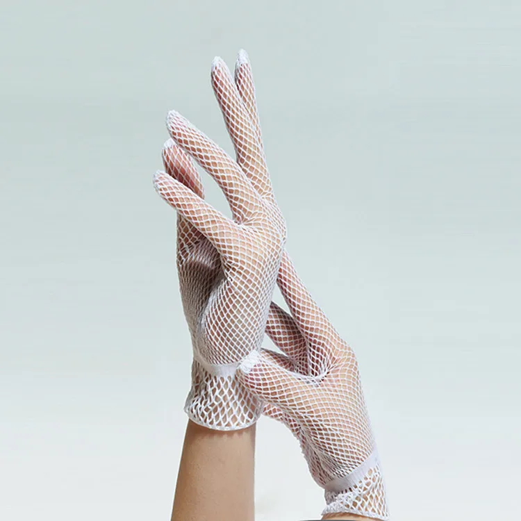 Fashion Elegant Ladies Short Lace Gloves Sheer Fishn Net Black White Prom Party Gloves Female's Fashionable Soild Color Mittens