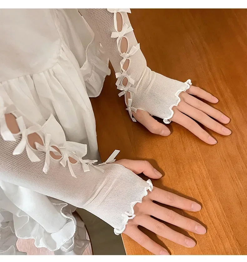 Sexy White Hollow Satin Bow Lace Gloves Lolita Bride Thin Sun Protection Arm Sleeves Women Summer Fingerless Sunscreen Mittens