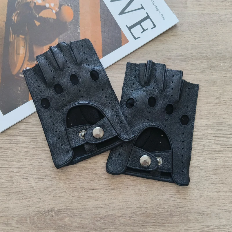 Thin Men's Deer Skin Half Finger Gloves, Single-Layer Outdoor Cycling Driving Leather Gloves