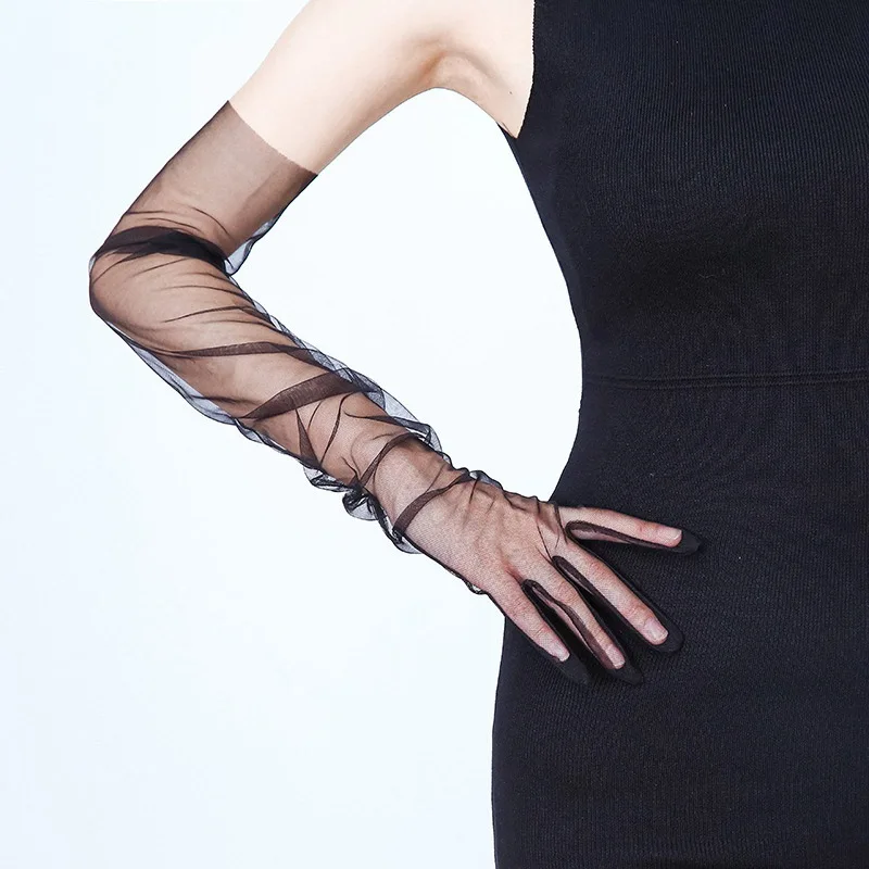 70cm Women Long Ultra Thin Gloves Tulle Elbow Wedding Party Bride Dress Mittens Sheer Transparent Vintage Black White Mesh Glove