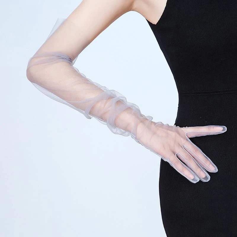70cm Women Long Ultra Thin Gloves Tulle Elbow Wedding Party Bride Dress Mittens Sheer Transparent Vintage Black White Mesh Glove
