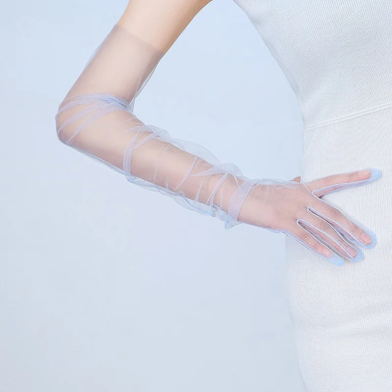 70cm Women Long Ultra Thin Gloves Tulle Elbow Wedding Party Bride Dress Mittens Sheer Transparent Vintage Black White Mesh Glove