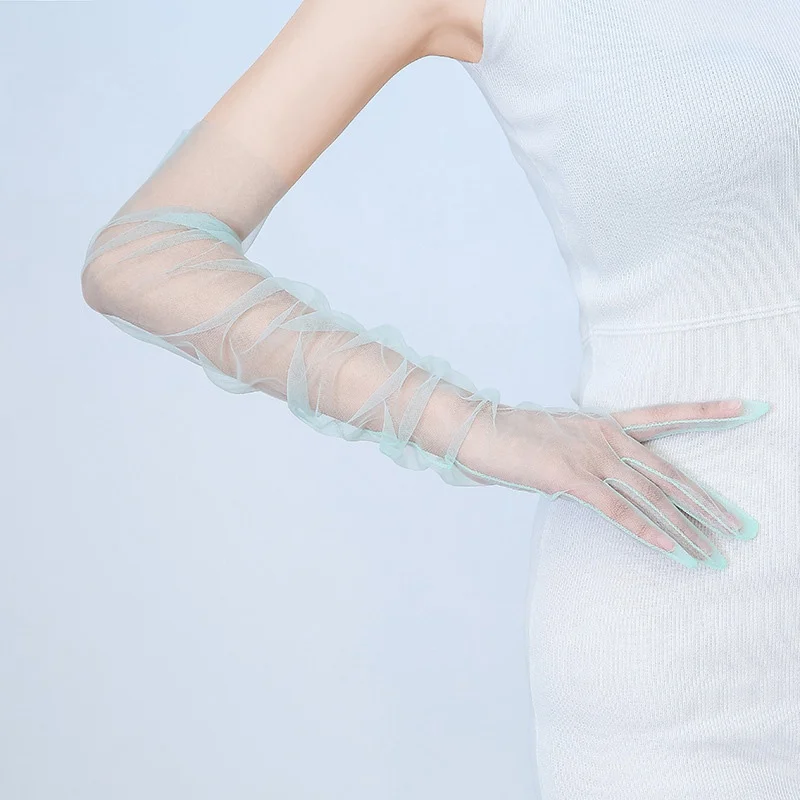 70cm Women Long Ultra Thin Gloves Tulle Elbow Wedding Party Bride Dress Mittens Sheer Transparent Vintage Black White Mesh Glove