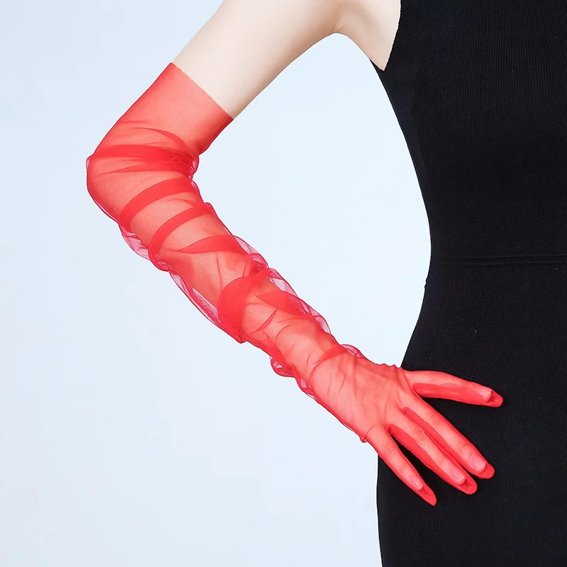 70cm Women Long Ultra Thin Gloves Tulle Elbow Wedding Party Bride Dress Mittens Sheer Transparent Vintage Black White Mesh Glove