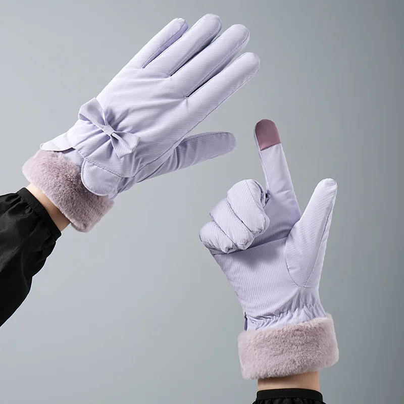 Winter Warm Gloves For Women Plus Velvet Thickened Waterproof Windproof Cute Bow Student Outdoor Cycling Touch Screen Ski Gloves