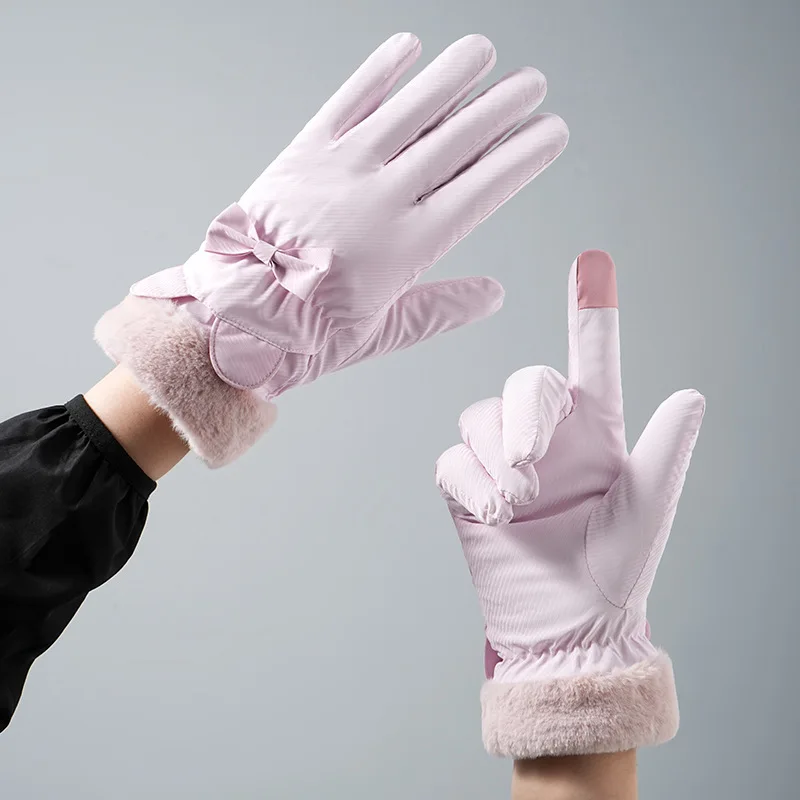Winter Warm Gloves For Women Plus Velvet Thickened Waterproof Windproof Cute Bow Student Outdoor Cycling Touch Screen Ski Gloves
