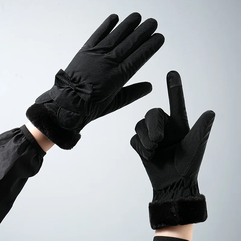 Winter Warm Gloves For Women Plus Velvet Thickened Waterproof Windproof Cute Bow Student Outdoor Cycling Touch Screen Ski Gloves