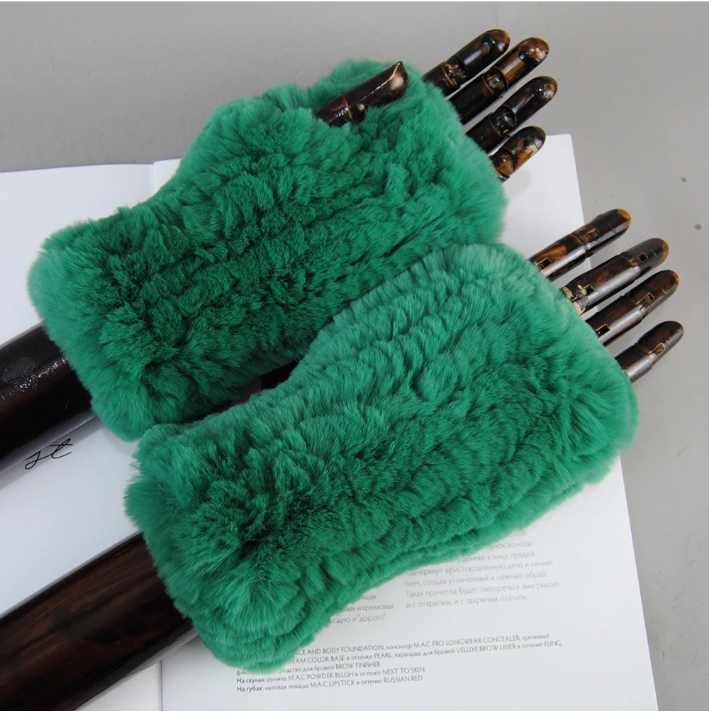 2026 Fashion Real Rex Rabbit Fur Women's Winter Gloves Genuine Fur Mittens Girl Fingerless Gloves Wrist Warmer Elastic Fluffy