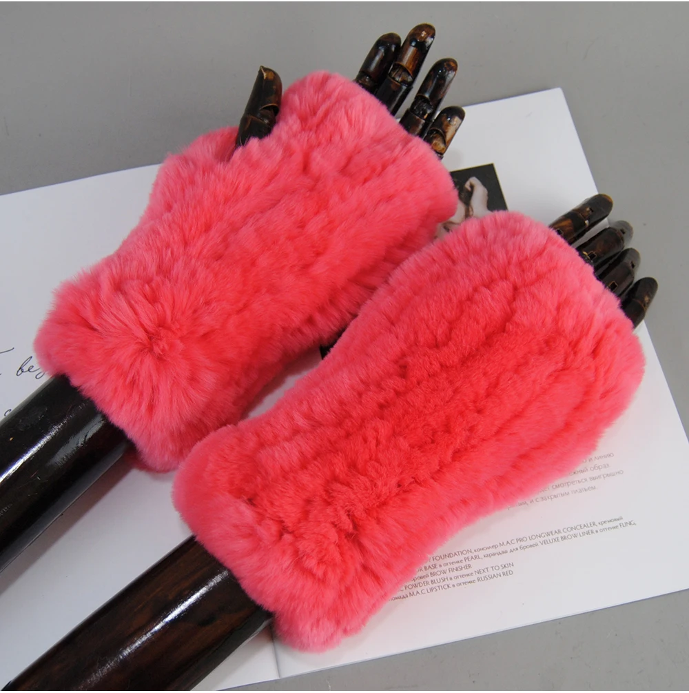 2026 Fashion Real Rex Rabbit Fur Women's Winter Gloves Genuine Fur Mittens Girl Fingerless Gloves Wrist Warmer Elastic Fluffy