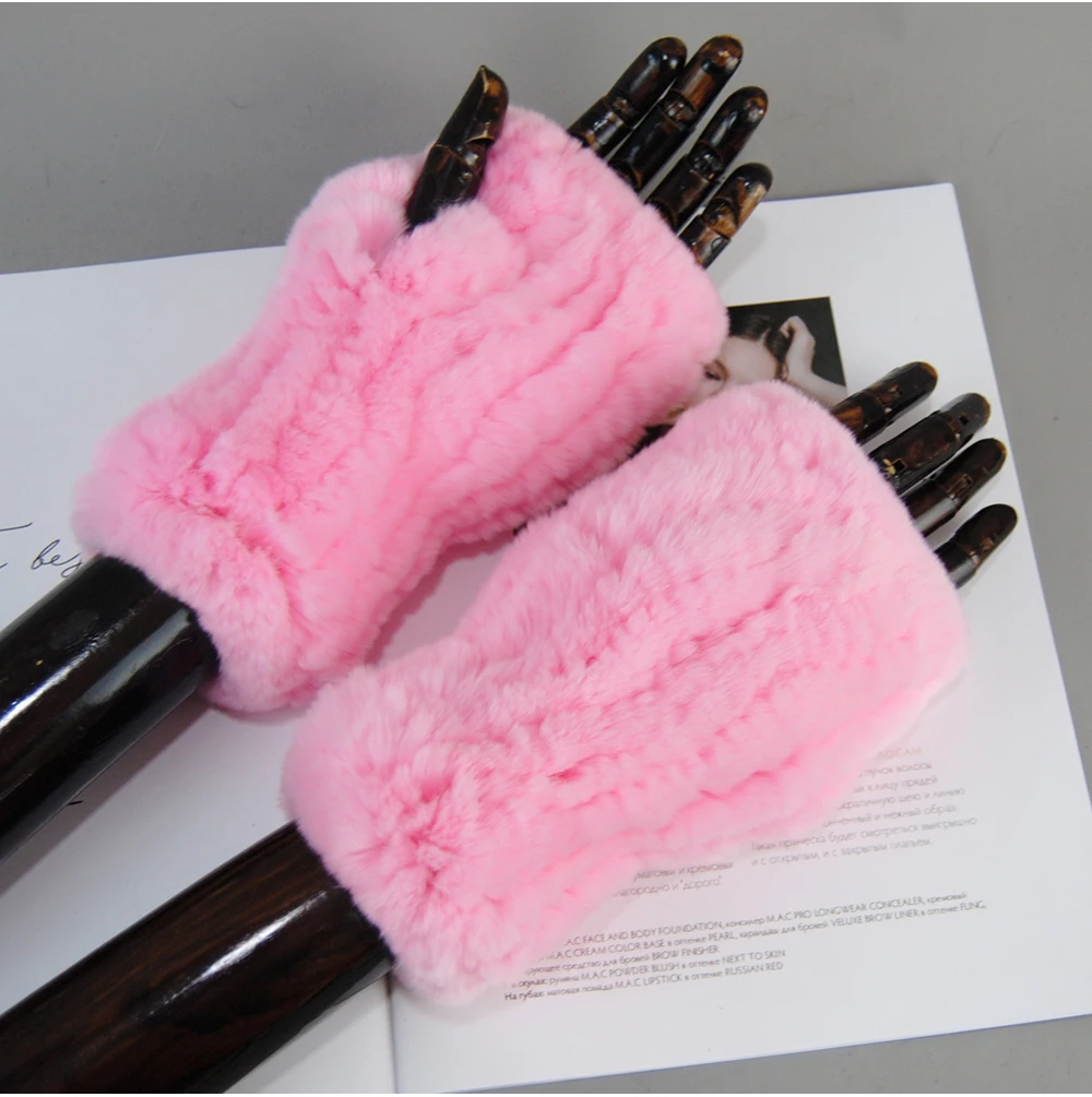 2026 Fashion Real Rex Rabbit Fur Women's Winter Gloves Genuine Fur Mittens Girl Fingerless Gloves Wrist Warmer Elastic Fluffy