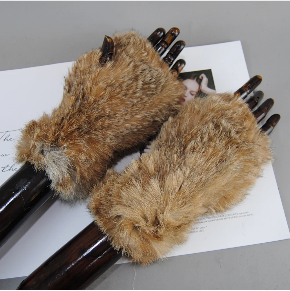 2026 Fashion Real Rex Rabbit Fur Women's Winter Gloves Genuine Fur Mittens Girl Fingerless Gloves Wrist Warmer Elastic Fluffy