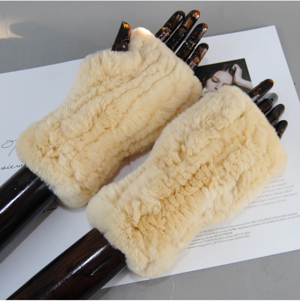 2026 Fashion Real Rex Rabbit Fur Women's Winter Gloves Genuine Fur Mittens Girl Fingerless Gloves Wrist Warmer Elastic Fluffy