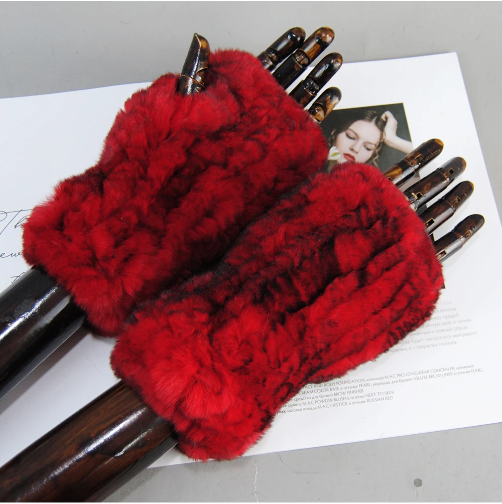 2026 Fashion Real Rex Rabbit Fur Women's Winter Gloves Genuine Fur Mittens Girl Fingerless Gloves Wrist Warmer Elastic Fluffy