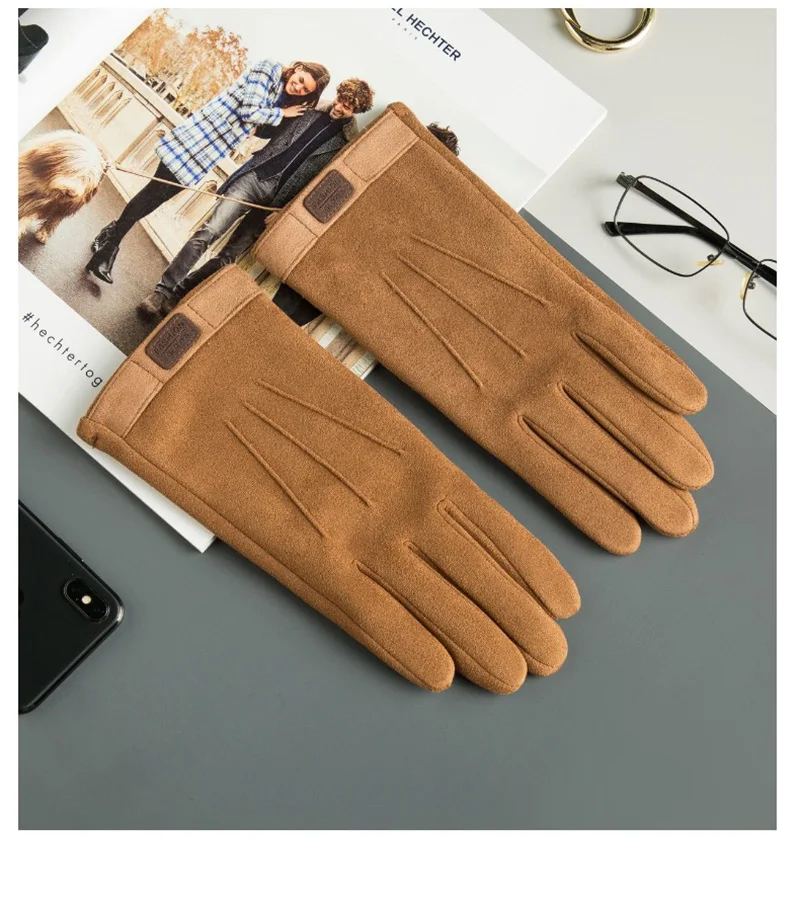 Winter Men Plush Warm Cashmere Outdoor Sports Cycling Mittens Women Three Ribs Suede Leather Touch Screen Driving Glove J98
