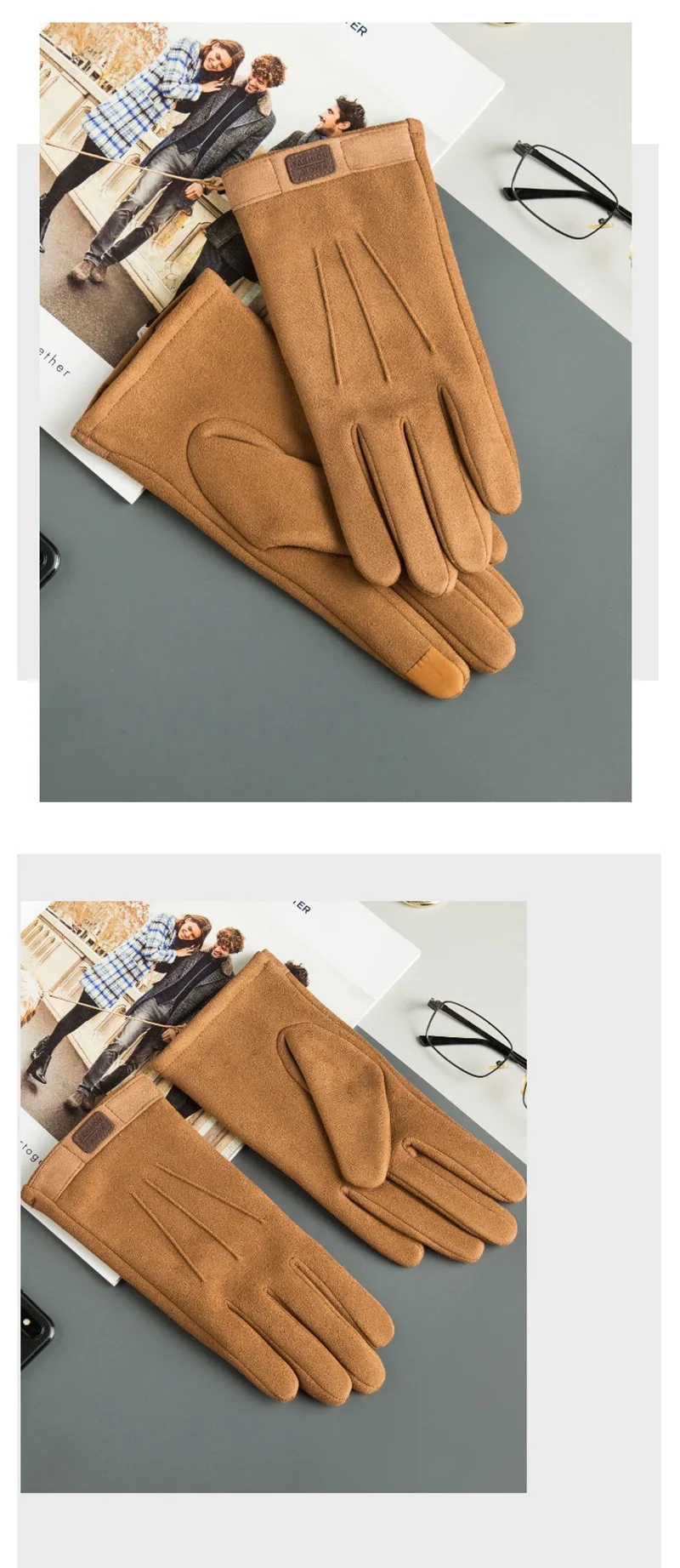 Winter Men Plush Warm Cashmere Outdoor Sports Cycling Mittens Women Three Ribs Suede Leather Touch Screen Driving Glove J98