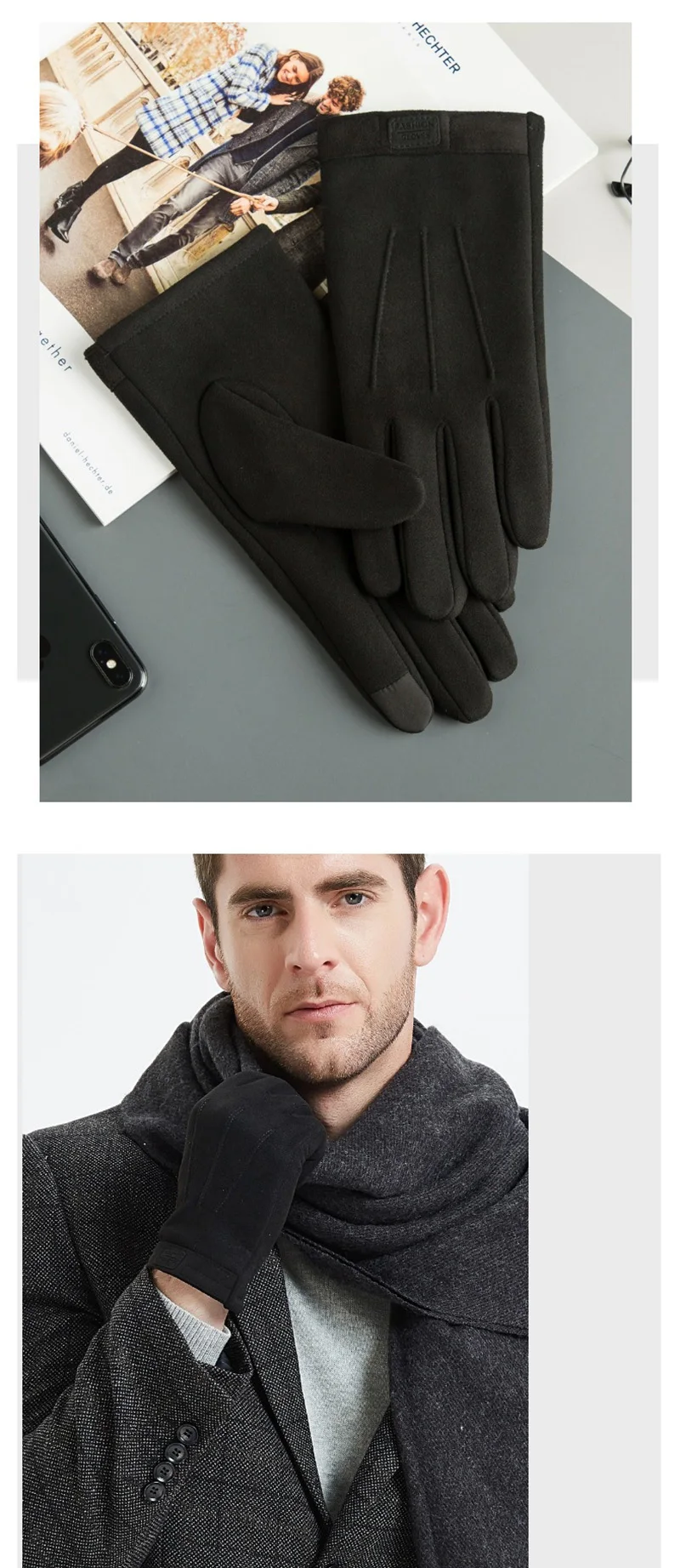 Winter Men Plush Warm Cashmere Outdoor Sports Cycling Mittens Women Three Ribs Suede Leather Touch Screen Driving Glove J98