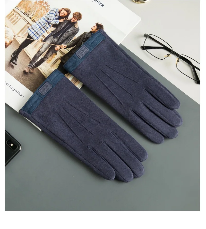 Winter Men Plush Warm Cashmere Outdoor Sports Cycling Mittens Women Three Ribs Suede Leather Touch Screen Driving Glove J98