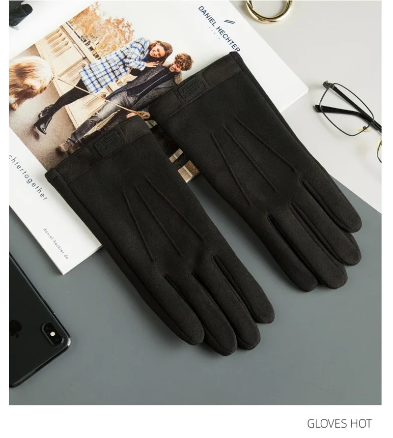 Winter Men Plush Warm Cashmere Outdoor Sports Cycling Mittens Women Three Ribs Suede Leather Touch Screen Driving Glove J98
