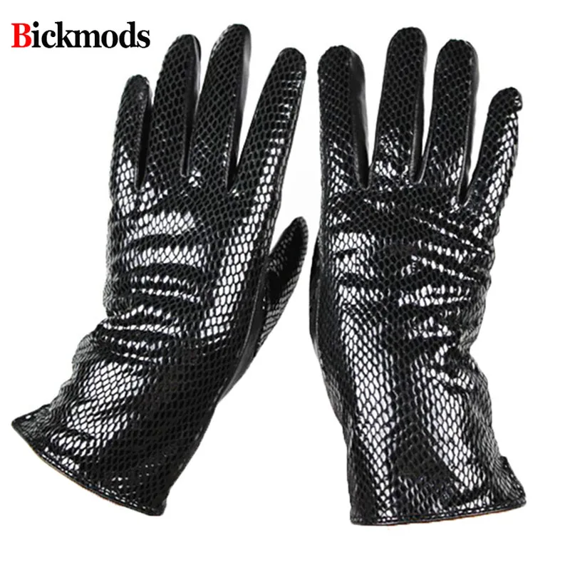 Women's Snake Print Leather Sheepskin Gloves High Gloss Velvet Lined Warm Fashion Driving Gloves for Autumn Winter