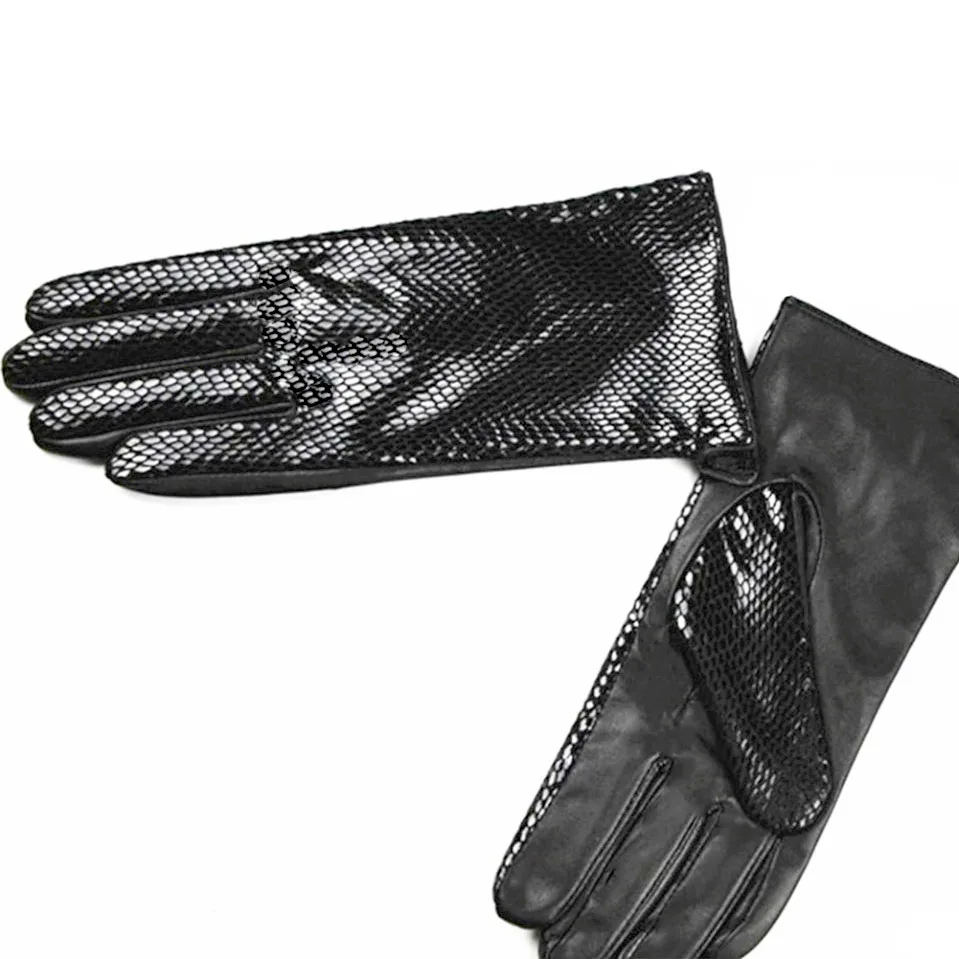 Women's Snake Print Leather Sheepskin Gloves High Gloss Velvet Lined Warm Fashion Driving Gloves for Autumn Winter