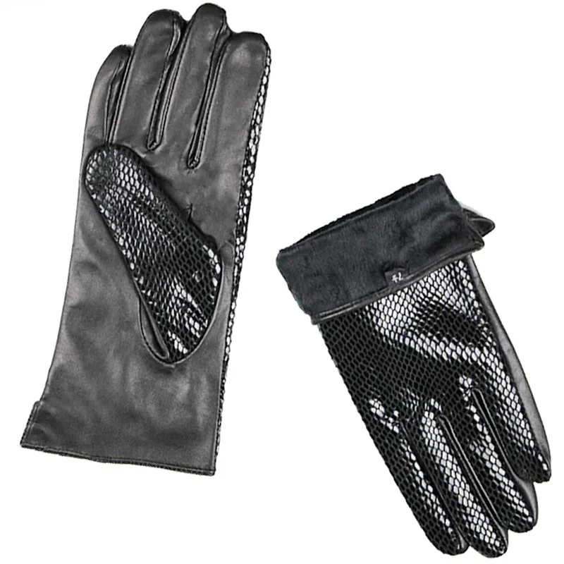 Women's Snake Print Leather Sheepskin Gloves High Gloss Velvet Lined Warm Fashion Driving Gloves for Autumn Winter
