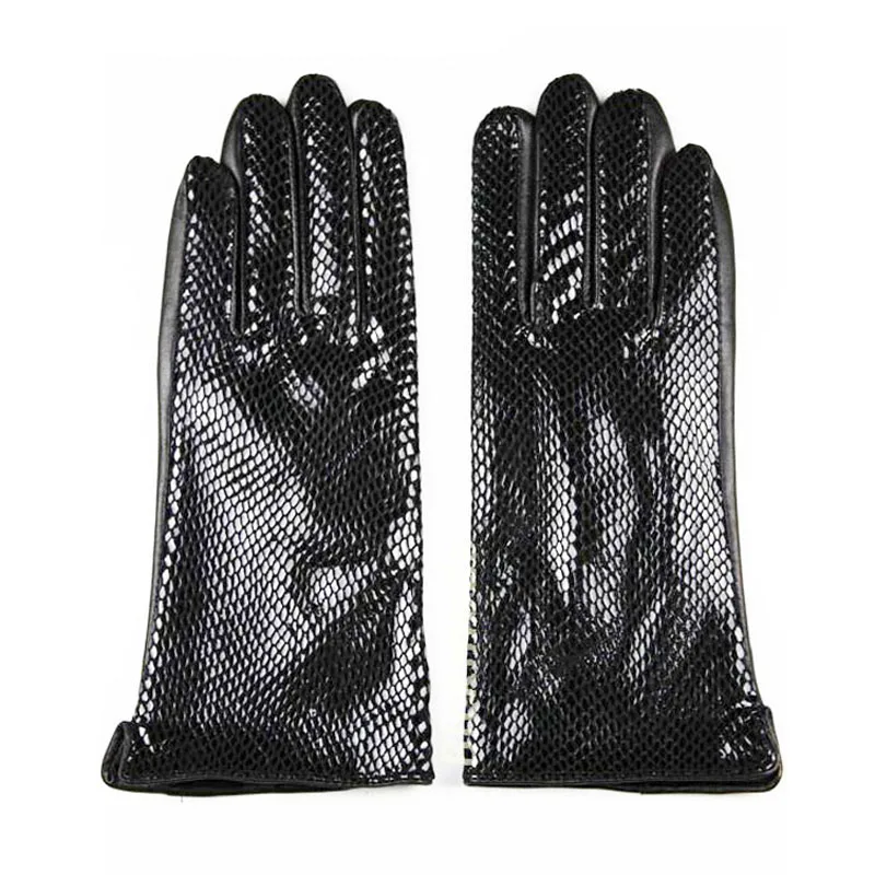 Women's Snake Print Leather Sheepskin Gloves High Gloss Velvet Lined Warm Fashion Driving Gloves for Autumn Winter