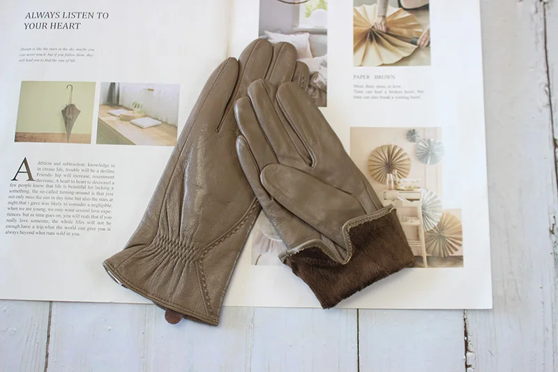 Colorful Leather Gloves Women Fashion Simple Style Velvet Lining Autumn Winter Warm Ladies Sheepskin Finger Gloves