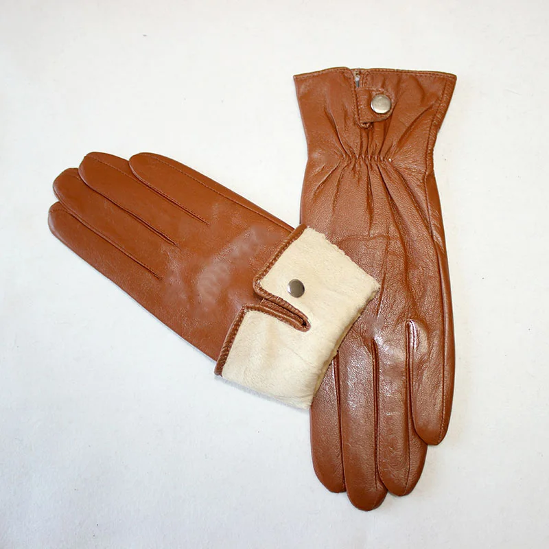 Colorful Leather Gloves Women Fashion Simple Style Velvet Lining Autumn Winter Warm Ladies Sheepskin Finger Gloves
