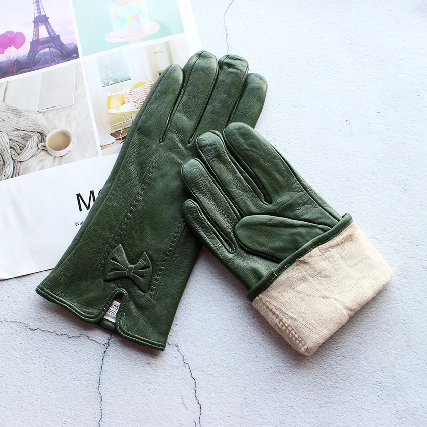 Colorful Leather Gloves Women Fashion Simple Style Velvet Lining Autumn Winter Warm Ladies Sheepskin Finger Gloves