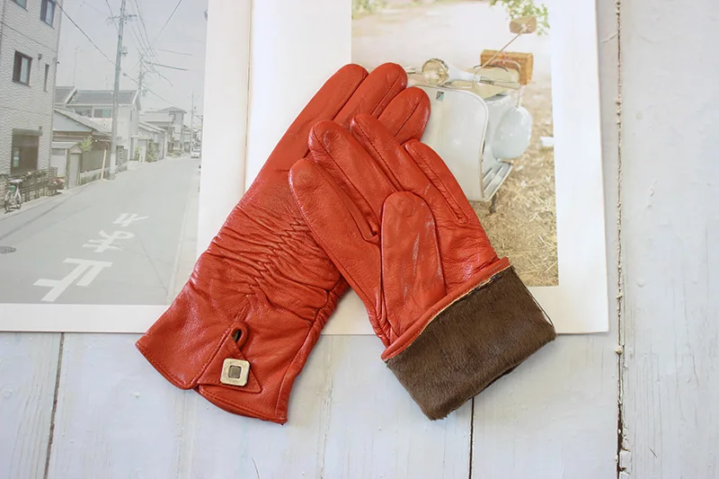 Colorful Leather Gloves Women Fashion Simple Style Velvet Lining Autumn Winter Warm Ladies Sheepskin Finger Gloves