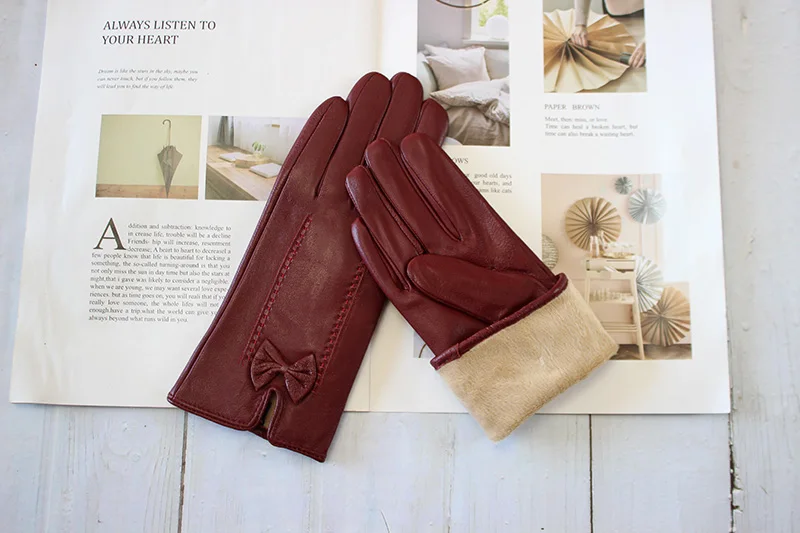 Colorful Leather Gloves Women Fashion Simple Style Velvet Lining Autumn Winter Warm Ladies Sheepskin Finger Gloves
