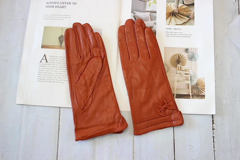 Colorful Leather Gloves Women Fashion Simple Style Velvet Lining Autumn Winter Warm Ladies Sheepskin Finger Gloves