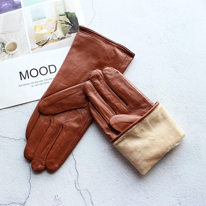 Colorful Leather Gloves Women Fashion Simple Style Velvet Lining Autumn Winter Warm Ladies Sheepskin Finger Gloves