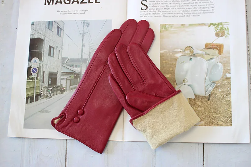 Colorful Leather Gloves Women Fashion Simple Style Velvet Lining Autumn Winter Warm Ladies Sheepskin Finger Gloves