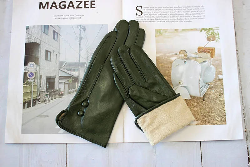 Colorful Leather Gloves Women Fashion Simple Style Velvet Lining Autumn Winter Warm Ladies Sheepskin Finger Gloves