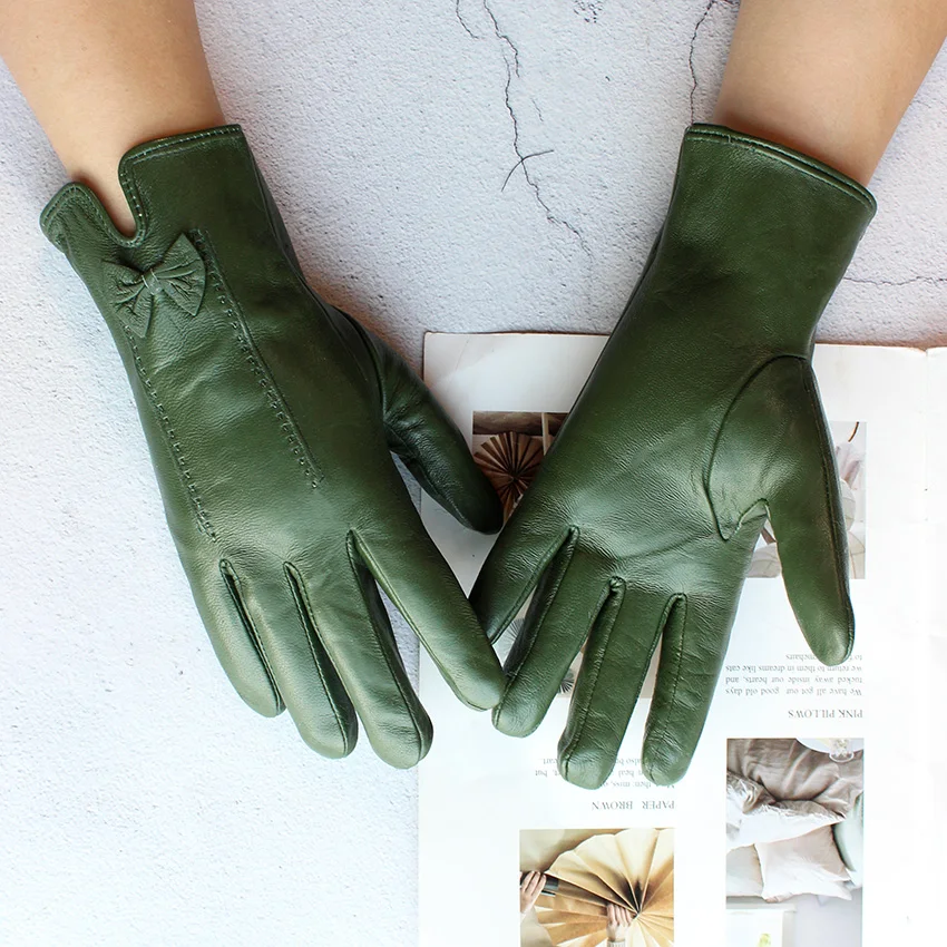 Colorful Leather Gloves Women Fashion Simple Style Velvet Lining Autumn Winter Warm Ladies Sheepskin Finger Gloves