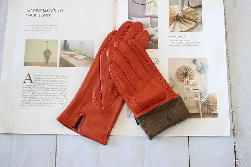 Colorful Leather Gloves Women Fashion Simple Style Velvet Lining Autumn Winter Warm Ladies Sheepskin Finger Gloves