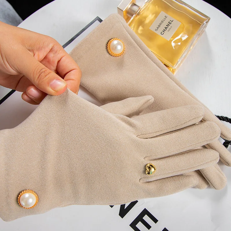Korean Cute Pearl Plus Velvet Outdoor Sports Cycling Windproof Touch Screen Driving Women's Autumn and Winter Warm Gloves S349