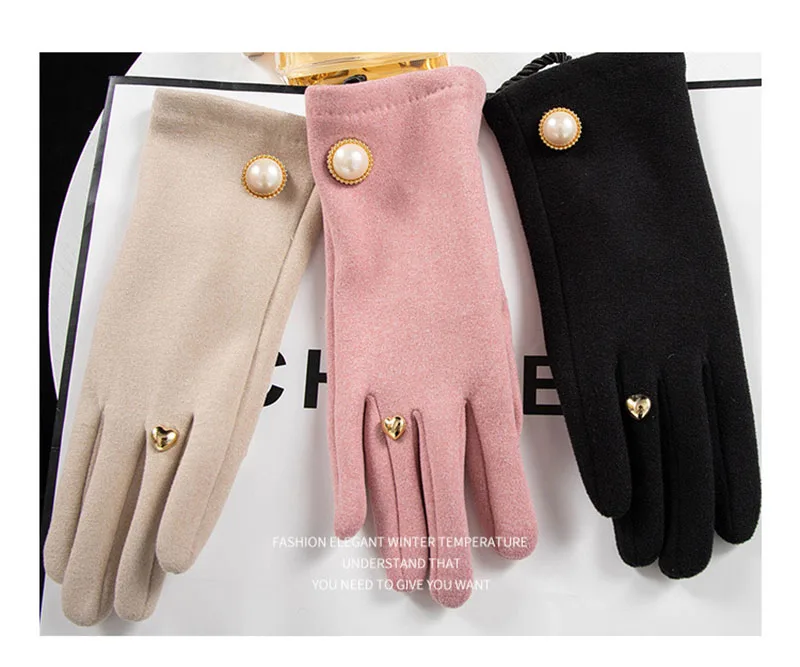 Korean Cute Pearl Plus Velvet Outdoor Sports Cycling Windproof Touch Screen Driving Women's Autumn and Winter Warm Gloves S349