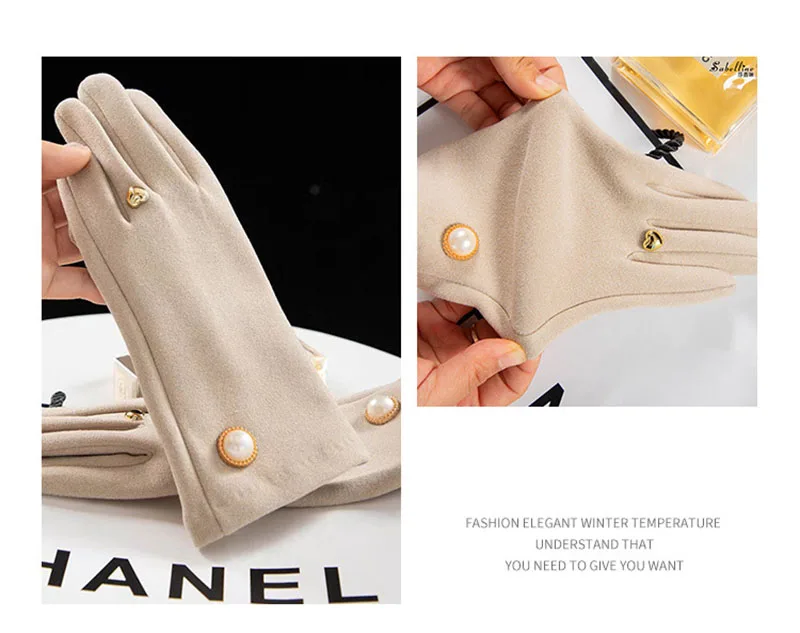 Korean Cute Pearl Plus Velvet Outdoor Sports Cycling Windproof Touch Screen Driving Women's Autumn and Winter Warm Gloves S349