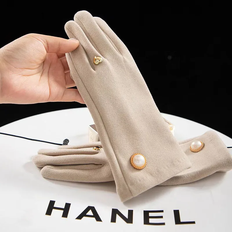 Korean Cute Pearl Plus Velvet Outdoor Sports Cycling Windproof Touch Screen Driving Women's Autumn and Winter Warm Gloves S349