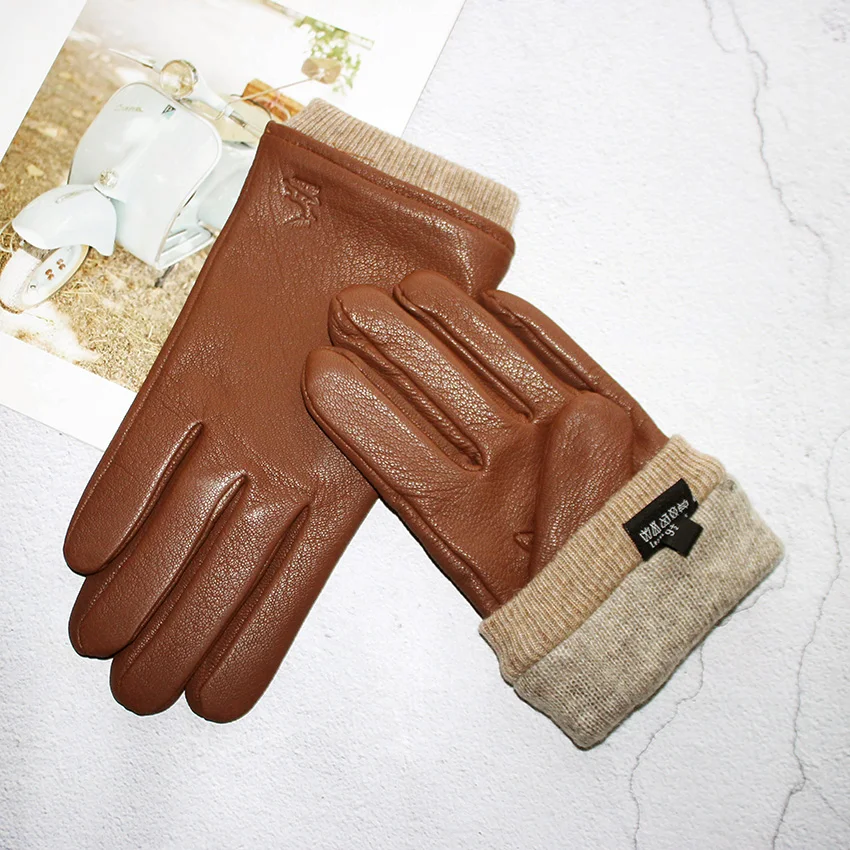 Men's Motorcycle Riding Leather Deer Skin Gloves Outdoor Windproof Fashion New Wool Lining Autumn And Winter Warm Gloves