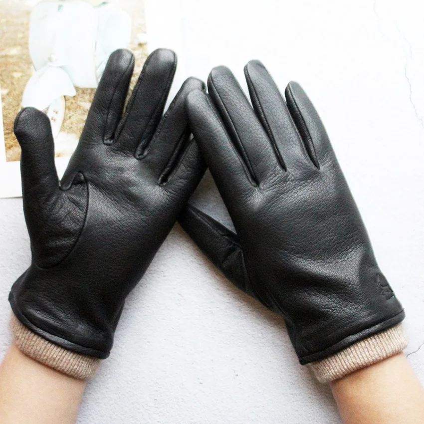 Men's Motorcycle Riding Leather Deer Skin Gloves Outdoor Windproof Fashion New Wool Lining Autumn And Winter Warm Gloves