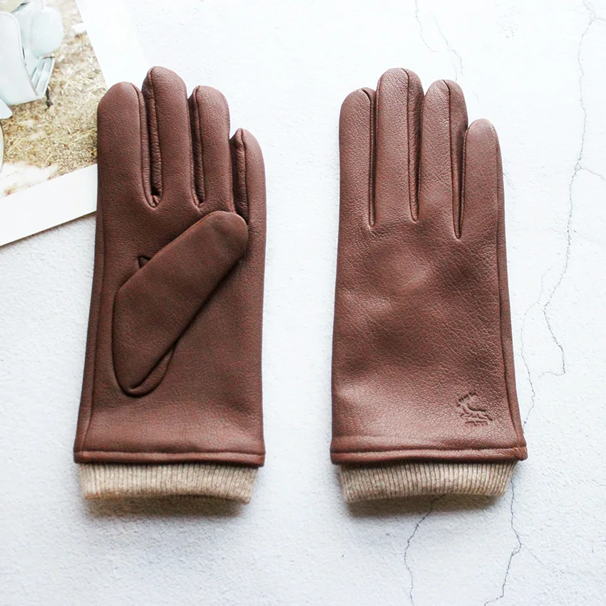 Men's Motorcycle Riding Leather Deer Skin Gloves Outdoor Windproof Fashion New Wool Lining Autumn And Winter Warm Gloves