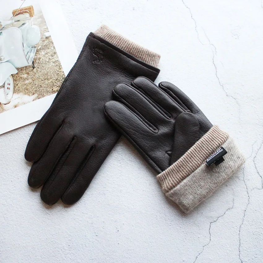 Men's Motorcycle Riding Leather Deer Skin Gloves Outdoor Windproof Fashion New Wool Lining Autumn And Winter Warm Gloves