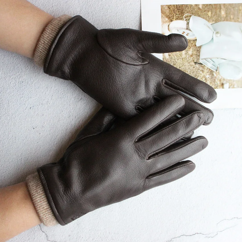 Men's Motorcycle Riding Leather Deer Skin Gloves Outdoor Windproof Fashion New Wool Lining Autumn And Winter Warm Gloves
