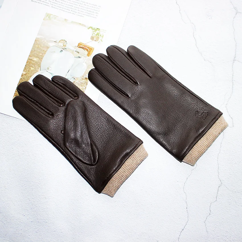 Men's Motorcycle Riding Leather Deer Skin Gloves Outdoor Windproof Fashion New Wool Lining Autumn And Winter Warm Gloves