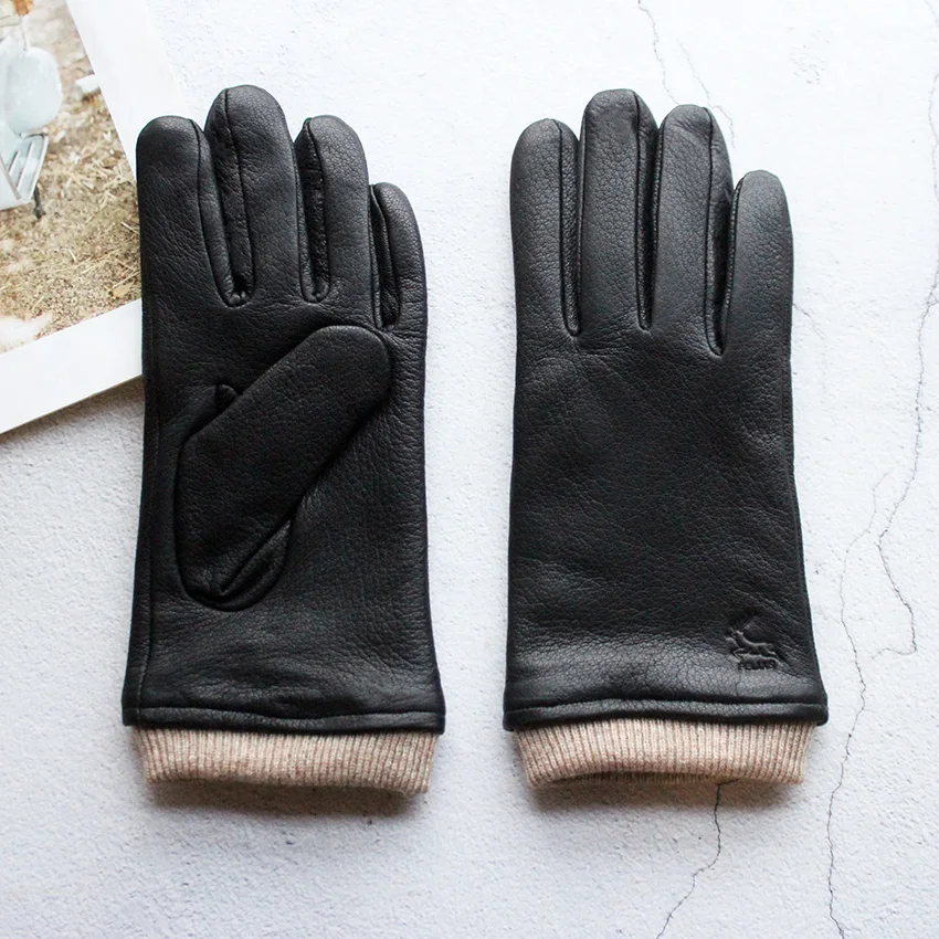 Men's Motorcycle Riding Leather Deer Skin Gloves Outdoor Windproof Fashion New Wool Lining Autumn And Winter Warm Gloves