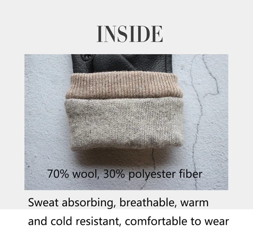 Men's Motorcycle Riding Leather Deer Skin Gloves Outdoor Windproof Fashion New Wool Lining Autumn And Winter Warm Gloves